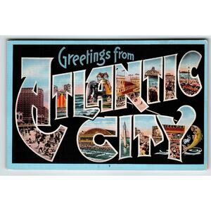 Greetings From Atlantic City NJ Large Letter Linen Postcard Lucy Elephant Piers